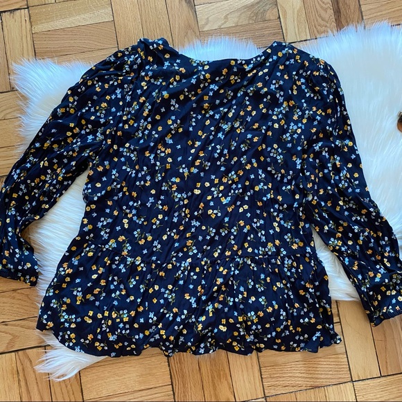 LOFT Navy Floral Faux Wrap 3/4 Sleeve Peplum Top - Picture 3 of 5